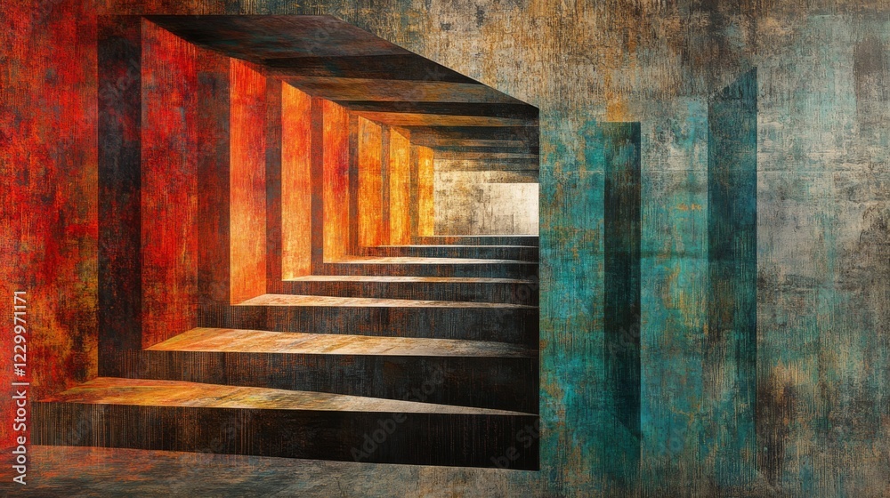 Poster a series of parallel lines in varying thicknesses and colors, creating an illusion of depth and text