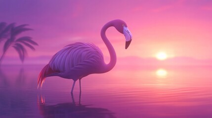 Fototapeta premium Pink Flamingo at Sunset: Serene Tropical Scene