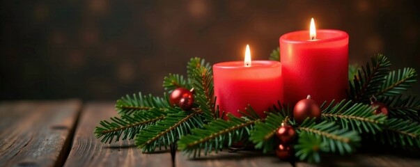 Twinkling candles nestled among natural pine garland, candles, gift wrap, holiday