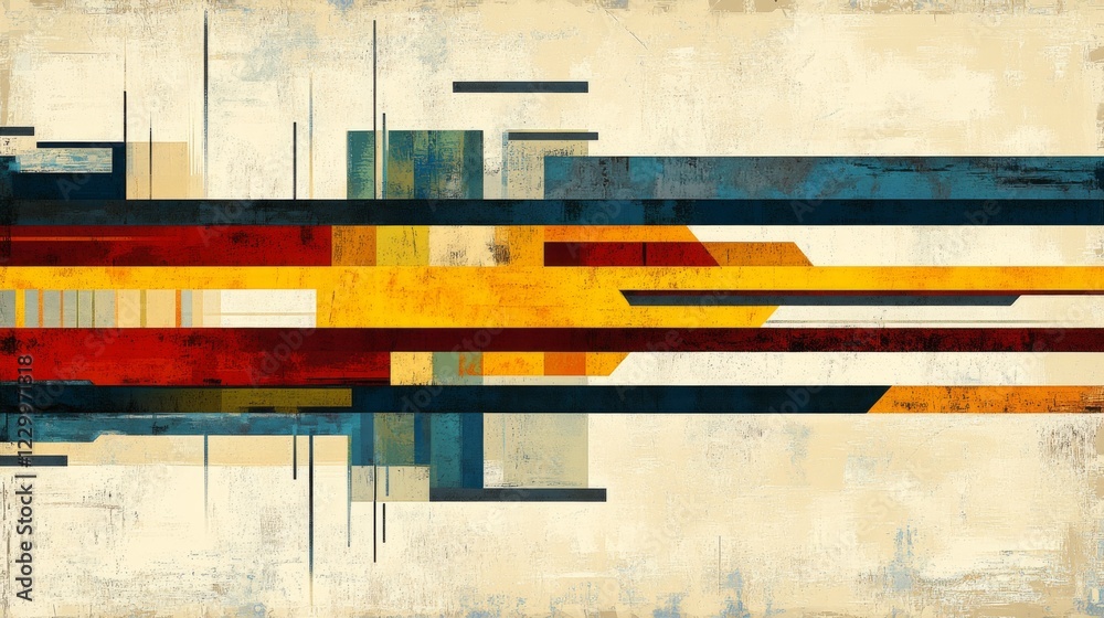 Poster a series of parallel lines in varying thicknesses and colors, creating an illusion of depth and text