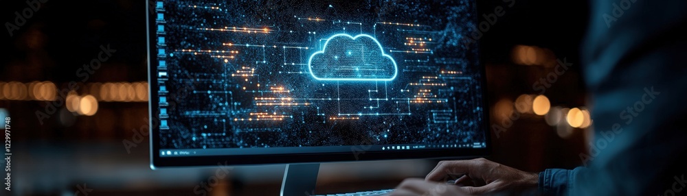 Poster person using a computer to scan data from a cloud storage service for information retrieval