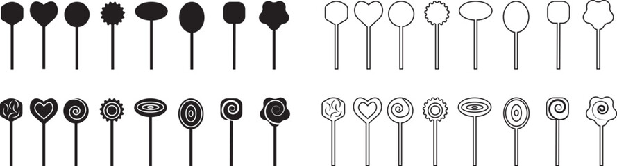 Sweets and candy icon set. Chocolate bars, caramel, toffee and lollipop on sticks, marmalade bears. Confectionery shop elements for birthday kids present cartoon flat isolated vector collection.