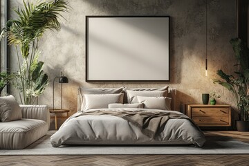 3D rendering of a minimalist bedroom with gray fabric bed, wooden floor, bedside table, and green vase. Modern, simple interior design concept.