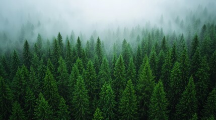 Lush Evergreen Forest Blanketed in Mystical Morning Fog