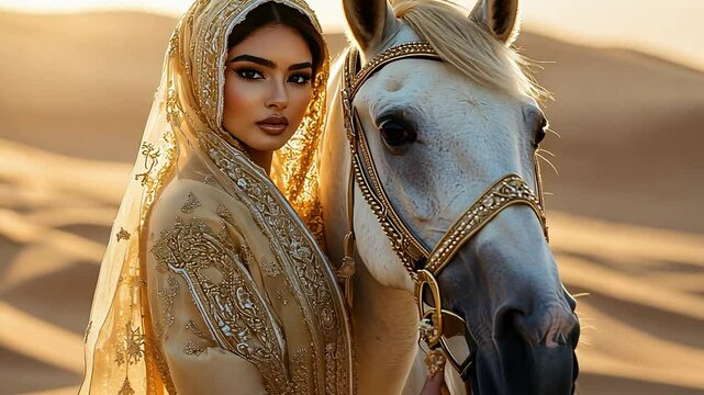 Beautiful Woman in an Arabic Outfit with a White Horse