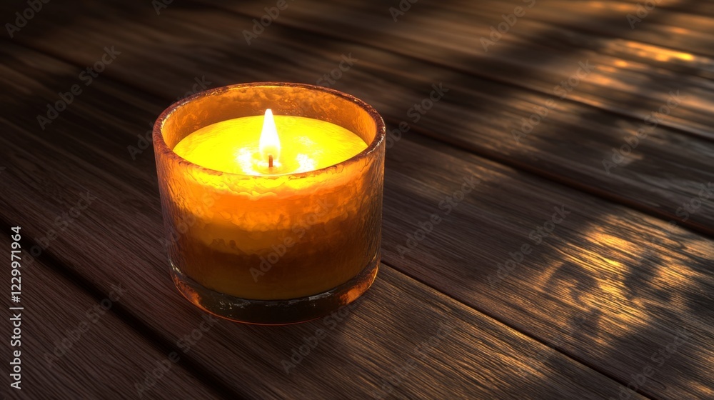 Poster a single lit candle on a dark wooden table, with soft shadows and highlights emphasizing the wax tex