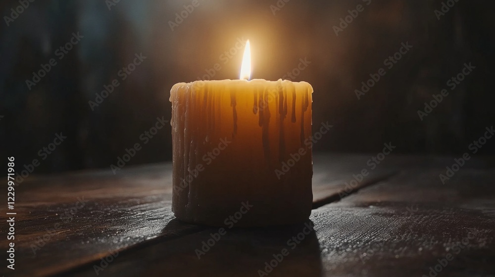 Poster a single lit candle on a dark wooden table, with soft shadows and highlights emphasizing the wax tex