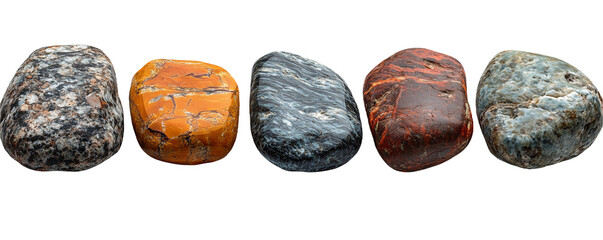 Polished Stones and Smooth Pebbles with Varied Textures, Natural Minerals, Colorful Gemstones, Jasper, Granite, Agate, Serpentine, Transparent PNG Rock Collection, Isolated

