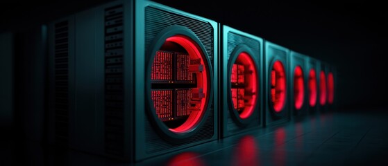 Fototapeta premium A futuristic array of computer hardware with glowing red lights.
