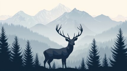 Majestic Deer Silhouette in a Serene Mountain Forest Landscape