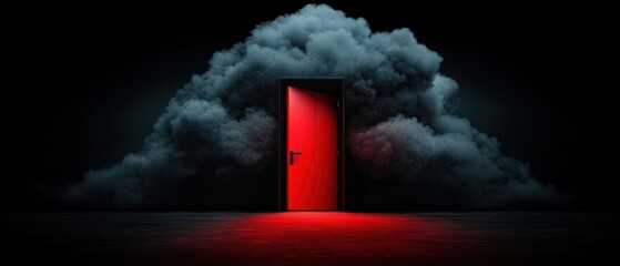 A red door emerges from dark clouds, creating a mysterious atmosphere.