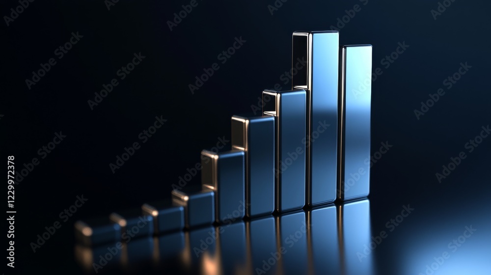 Poster a sleek, futuristic d bar graph with metallic bars rising from a reflective surface, set against a d