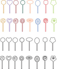 Sweets and candy icon set. Chocolate bars, caramel, toffee and lollipop on sticks, marmalade bears. Confectionery shop elements for birthday kids present cartoon flat isolated vector collection.