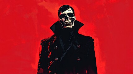 Skull-Faced Gentleman in Black Coat Embodies Dark Elegance and Gothic Mystery