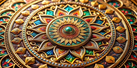 This decorative, antique metal medallion features a luxurious, central geometric design, skillfully composed using the rule of thirds.