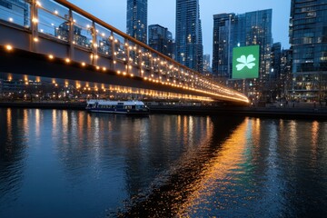 Fototapeta premium A modern illuminated bridge spans a river in the city, featuring a prominent shamrock symbol, representing celebration and cultural heritage.
