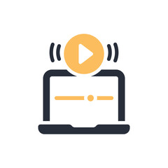 A modern and sleek vector icon illustrating a laptop featuring a prominent play button alongside stylized sound waves, symbolizing ondemand streaming services and the consumption of digital media