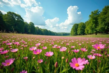 Fototapeta premium A field of pink wildflowers stretches towards the sky amidst a lush green meadow and towering trees, nature, trees