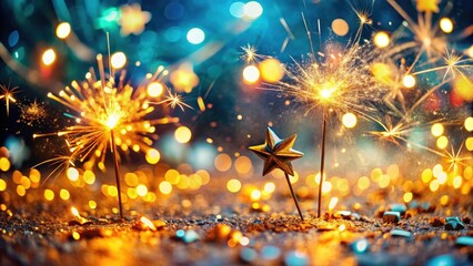 Fototapeta premium Tilt-shift wonder! Happy New Year! Festive golden stars illuminate a joyful, sparkling celebration.