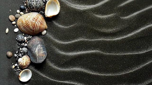A collection of shells and stones on textured dark sand.