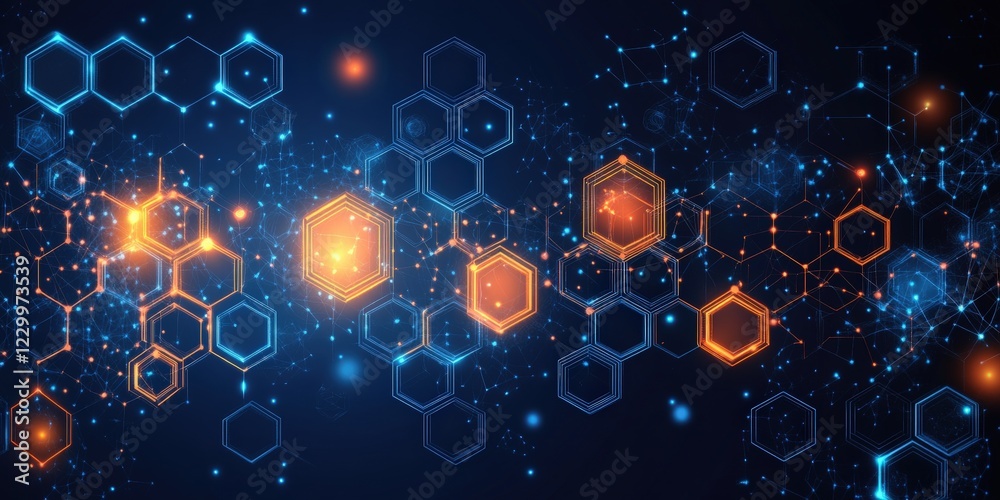 Poster abstract hexagonic background featuring glowing hexagon shapes in vibrant colors and intricate patte