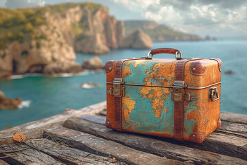 Traveler's vintage suitcase rests on wooden dock overlooking coastal cliffs and turquoise waves at sunset in a scenic location