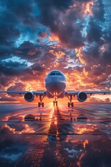 An airplane is parked on the runway during sunset, with vibrant colors in the sky and reflections in the wet surface. Clouds create a dramatic backdrop to the scene