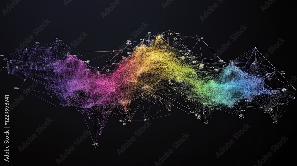 Poster digital cloud icons linked with color gradient lines to showcase virtual collaboration.