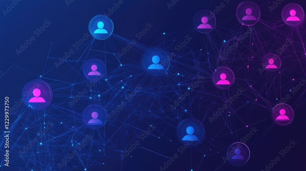 Poster digital cloud icons linked with color gradient lines to showcase virtual collaboration.