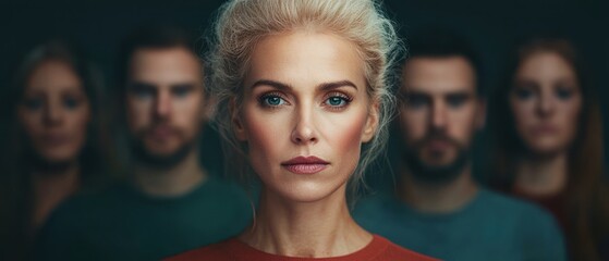 Obraz premium A focused portrait of a woman with blurred figures behind her, conveying intensity and depth.
