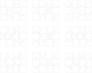 Illustration of nine white puzzles, separate parts	