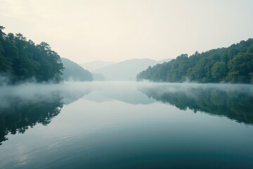 Fototapeta premium A quiet lake at morning with mist rising from its surface slowly, , lake