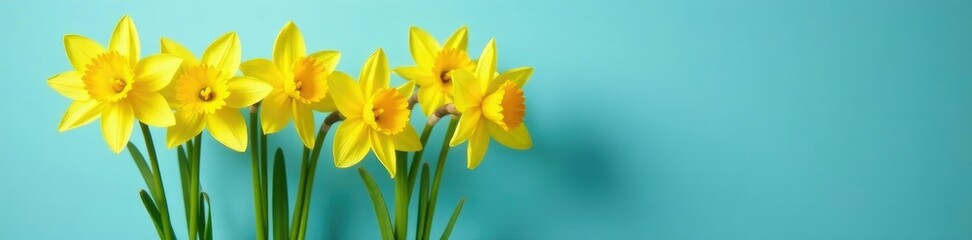 Fototapeta premium A row of bright yellow daffodils in a vase against a blue background, spring decor, flower vase, floral arrangements