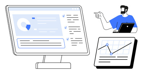 Businessperson pointing at data visualizations on a laptop and large display screen. Graphs and charts displayed, data analysis, project management, and strategic planning. Ideal for presentations
