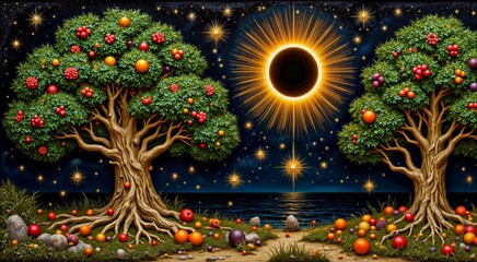 Fototapeta premium Vibrant fruit trees under a solar eclipse set against a starry night sky