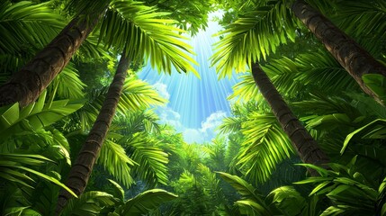 Lush Tropical Rainforest With Sunlight Streaming Through Palm Trees