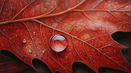 A close-up of a deep red maple leaf adorned with crystal-clear water droplets, a single droplet magnifying the leaf's intricate veins