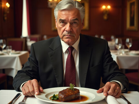 Un buen cr&iacute;tico est&aacute; disgustado con la comida en un restaurante elegante
