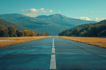 Obraz premium Scenic view of a deserted runway surrounded by mountains and trees on a sunny day