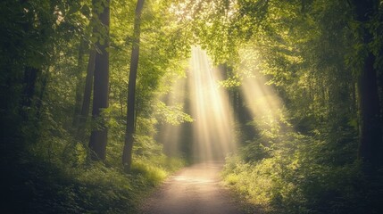 Enchanting Forest Path Illuminated by Golden Sunlight and Lush Greenery