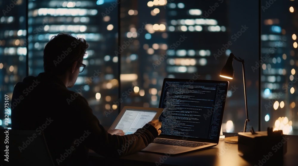 Poster programmer working late at night in modern office with city view