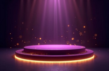 A purple podium is dramatically lit with golden sparkles, suggesting celebration or an exclusive event