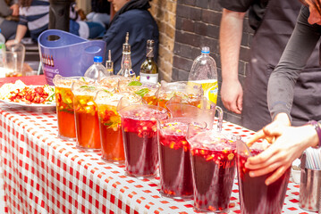Colorful Pitchers of Fruit Punch and Cocktails at a London Street Market