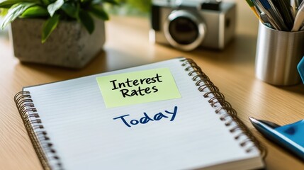 Fototapeta premium Notebook with a sticky note reading Interest Rates Today on a modern office desk.