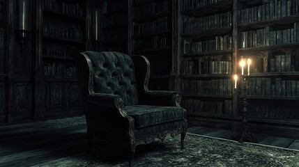 A velvet armchair sits in a darkened library, faint candlelight flickering nearby.