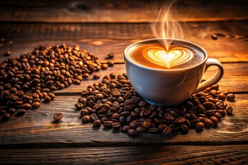 Warm night, heart-shaped latte, rich coffee beans beside a comforting table.