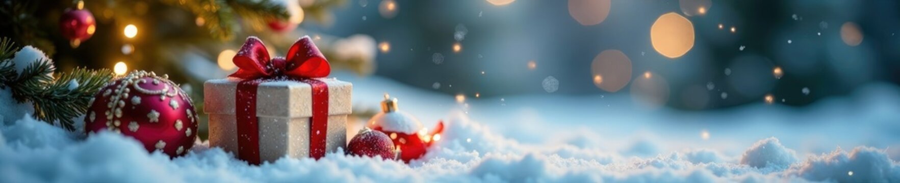 Fiocchi di neve bianche cadono intorno a Babbo Natale, gift, holiday