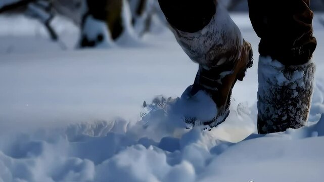 Close-up of legs hiking through snow in winter boots, trudging through deep snow on a cold winter day