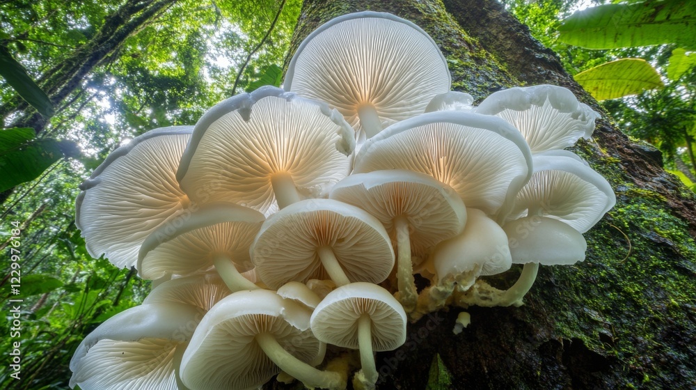 Poster a stunning photograph of mushrooms growing on the side of a tree trunk in a dense forest, highlighti