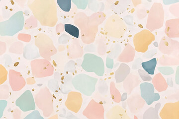 Seamless terrazzo pattern in soft pastel colors with gold accents. Perfect for wallpapers, packaging, invitations, and modern interior design. Trendy, elegant, and high-resolution digital background